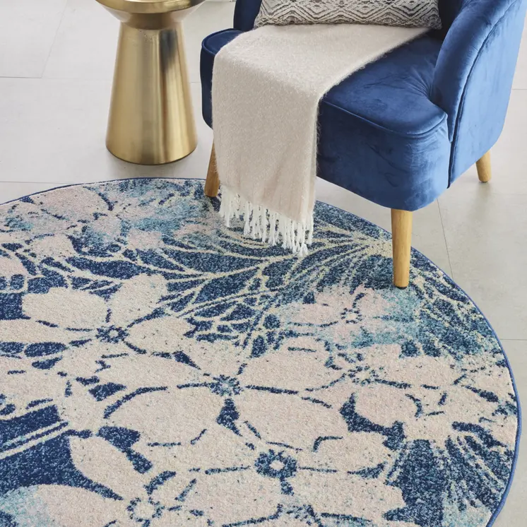5' Navy Blue and Ivory Floral Round Rug