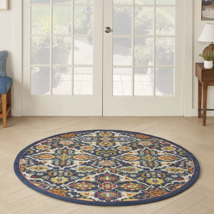 5' Blue Round Floral Power Loom Area Rug