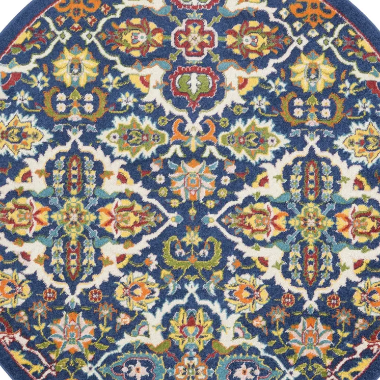 5' Blue Round Floral Power Loom Area Rug