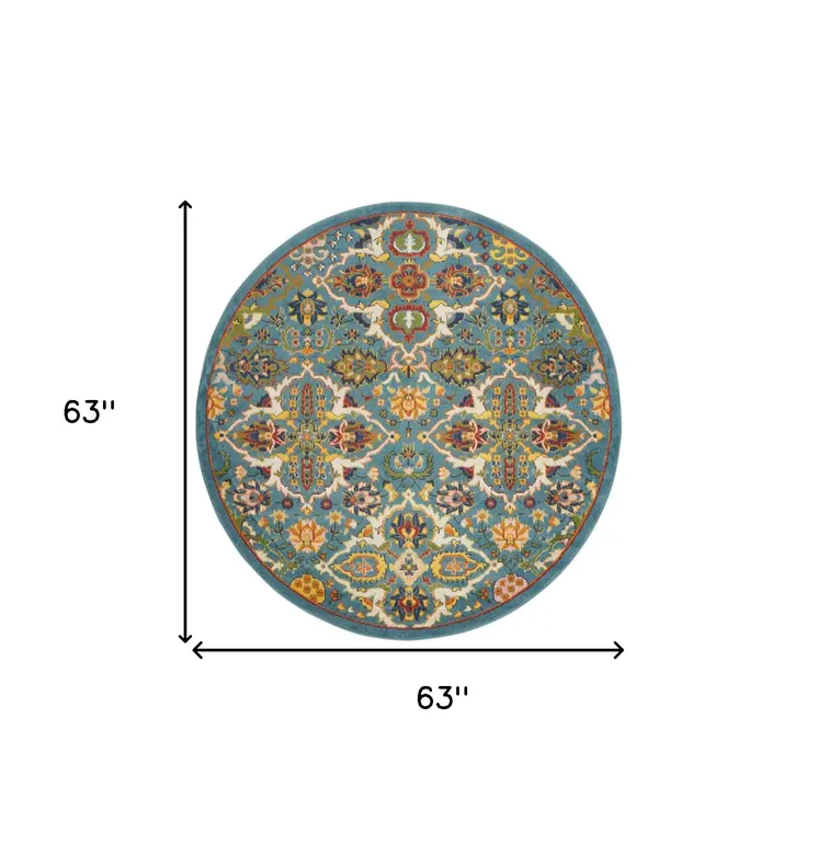 5' Teal and Ivory Round Floral Power Loom Area Rug