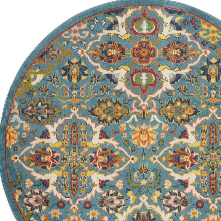 5' Teal and Ivory Round Floral Power Loom Area Rug