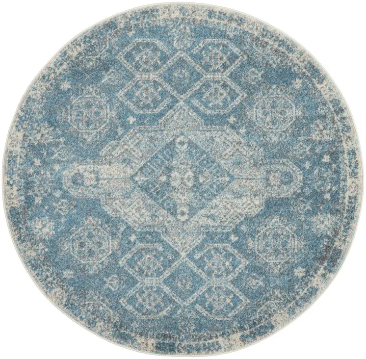 5' Ivory and Light Blue Oriental Distressed Round Rug