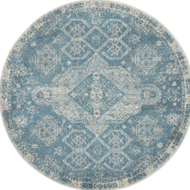 5' Ivory and Light Blue Oriental Distressed Round Rug