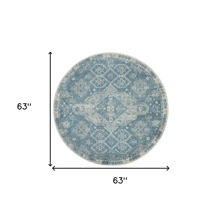 5' Ivory and Light Blue Oriental Distressed Round Rug