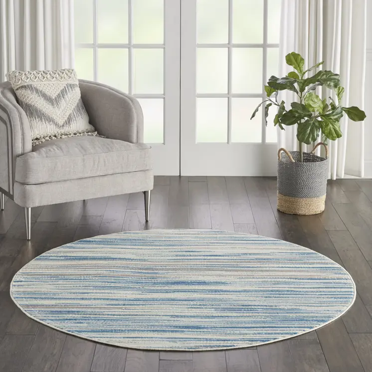 5' Ivory Blue and Gray Abstract Round Rug