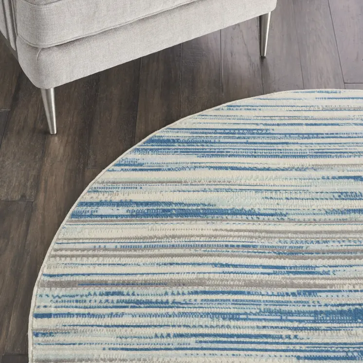 5' Ivory Blue and Gray Abstract Round Rug