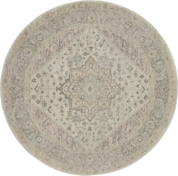 5' Ivory Pink And Gray Floral Medallion Distressed Round Rug