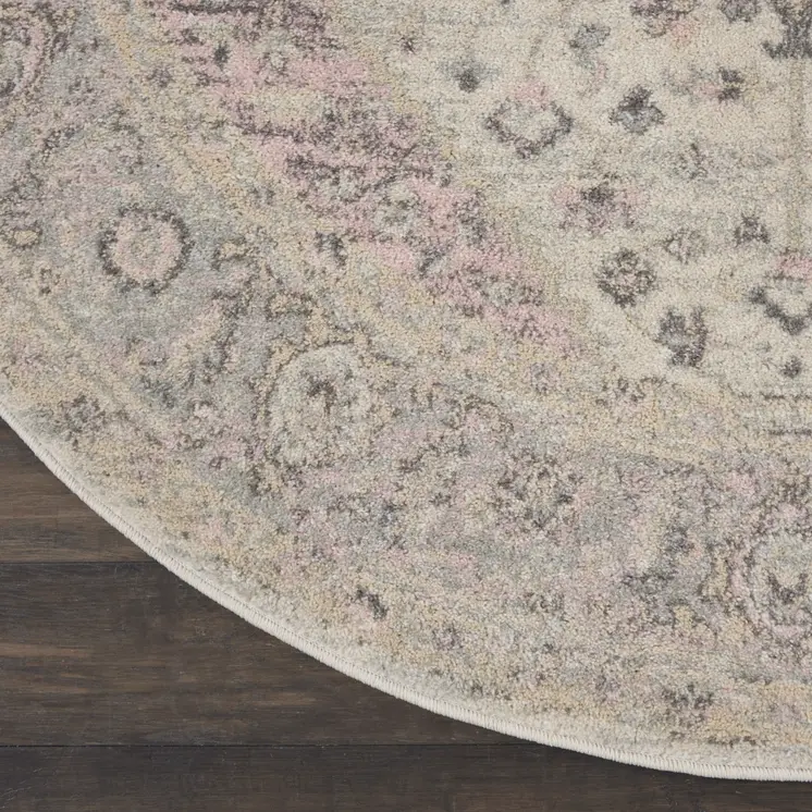 5' Ivory Pink And Gray Floral Medallion Distressed Round Rug