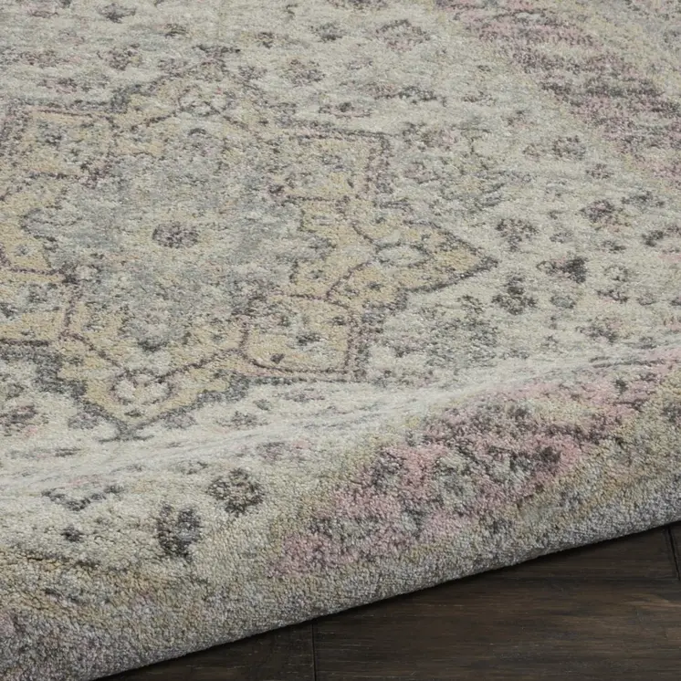 5' Ivory Pink And Gray Floral Medallion Distressed Round Rug