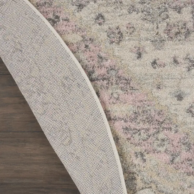 5' Ivory Pink And Gray Floral Medallion Distressed Round Rug