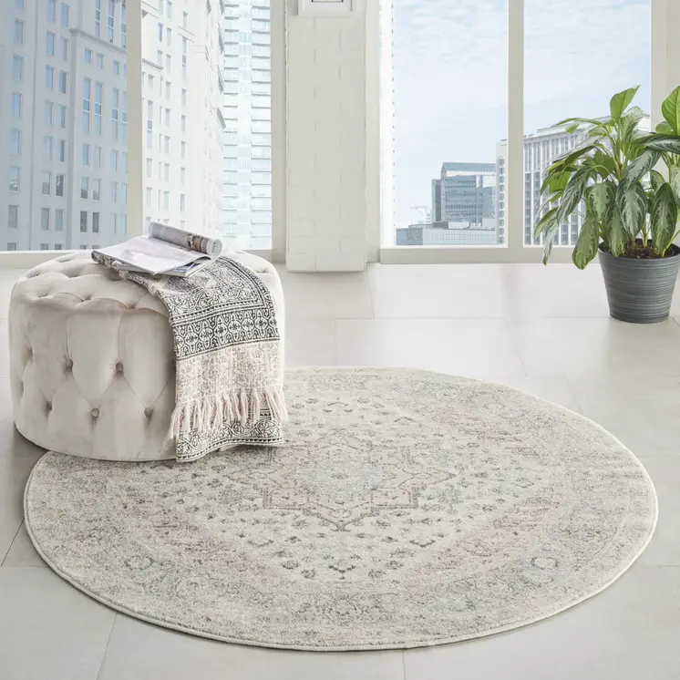 5' Ivory Pink And Gray Floral Medallion Distressed Round Rug