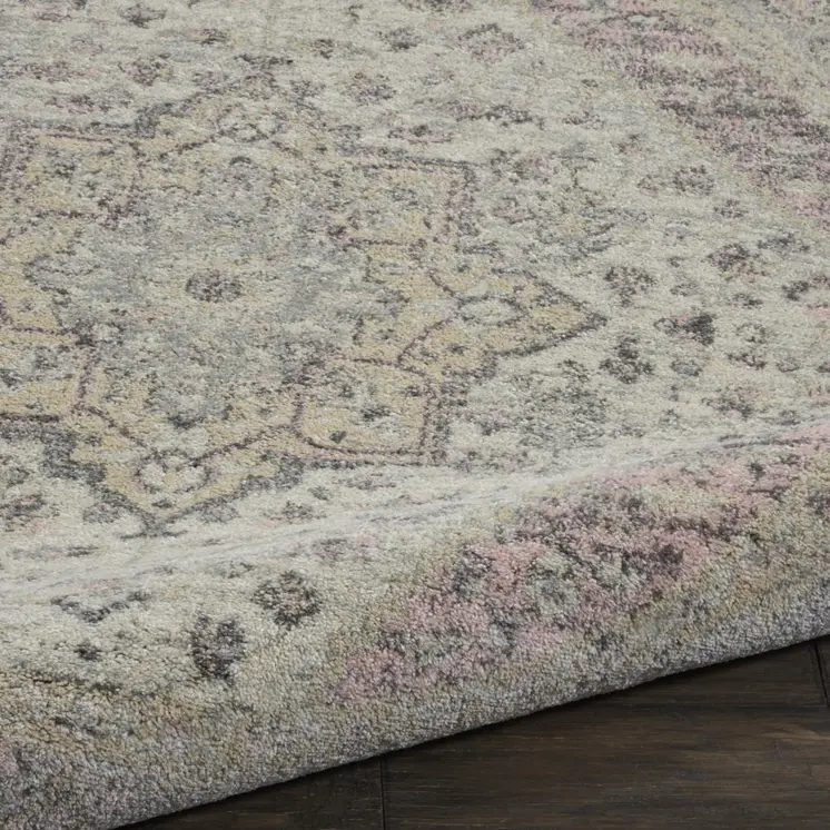 5' Ivory Pink And Gray Floral Medallion Distressed Round Rug