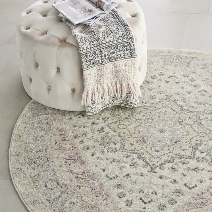 5' Ivory Pink And Gray Floral Medallion Distressed Round Rug