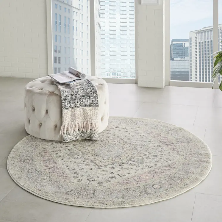 5' Ivory Pink And Gray Floral Medallion Distressed Round Rug