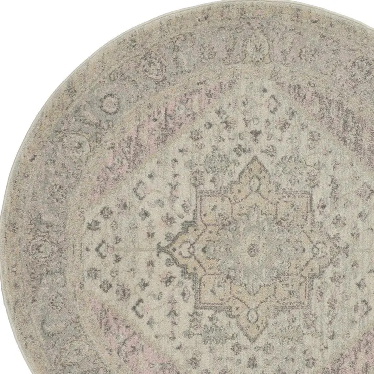 5' Ivory Pink And Gray Floral Medallion Distressed Round Rug