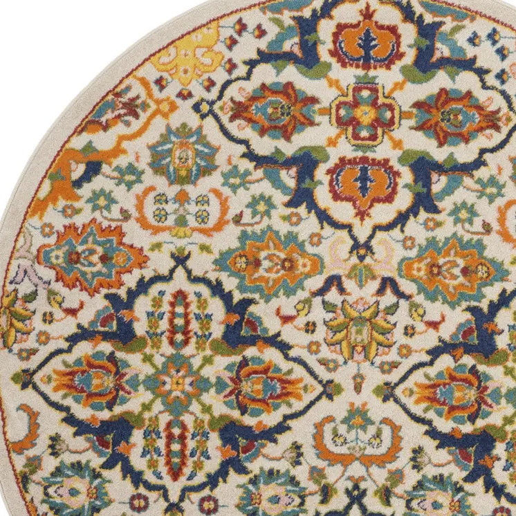 5' Ivory and Blue Round Floral Power Loom Area Rug
