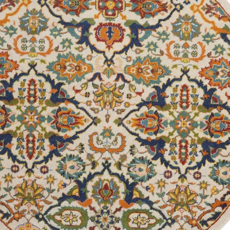5' Ivory and Blue Round Floral Power Loom Area Rug