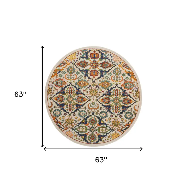 5' Ivory and Blue Round Floral Power Loom Area Rug