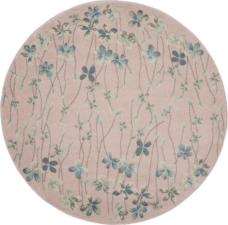5' Pink Gray and Blue Botanical Leaves Round Rug