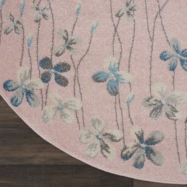 5' Pink Gray and Blue Botanical Leaves Round Rug