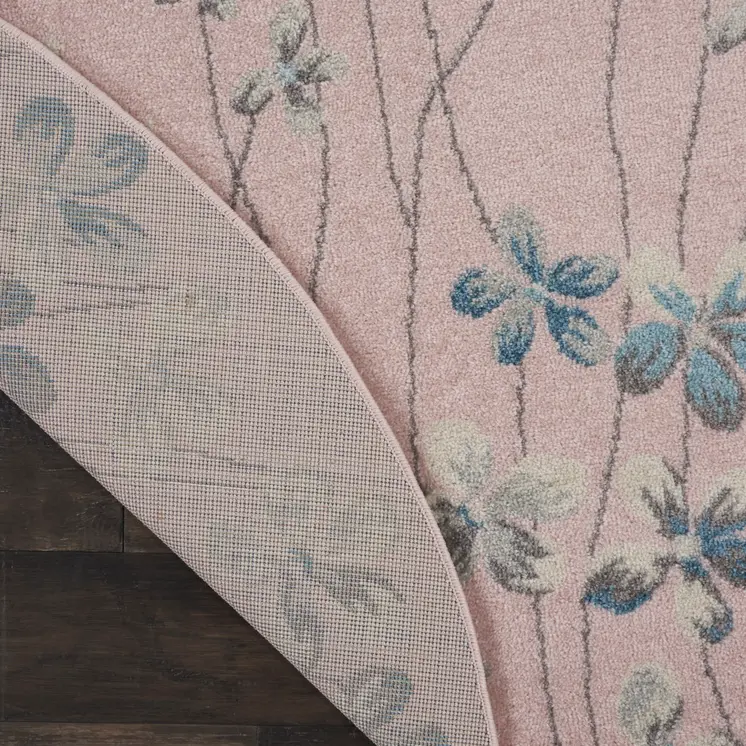 5' Pink Gray and Blue Botanical Leaves Round Rug