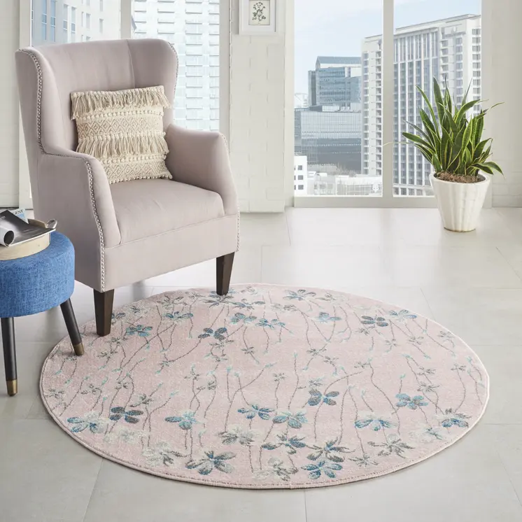 5' Pink Gray and Blue Botanical Leaves Round Rug