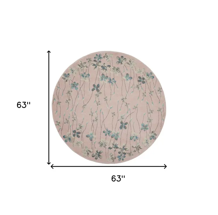 5' Pink Gray and Blue Botanical Leaves Round Rug