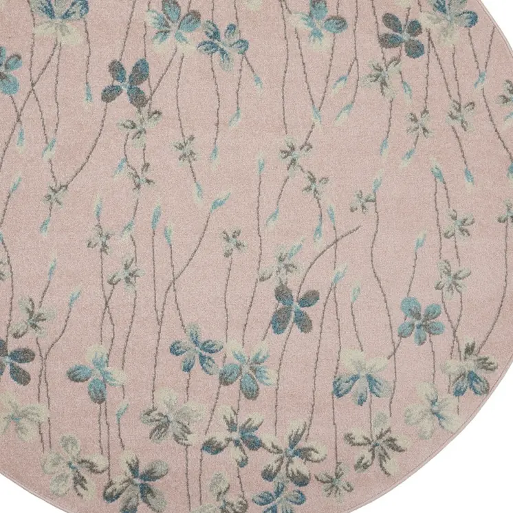 5' Pink Gray and Blue Botanical Leaves Round Rug