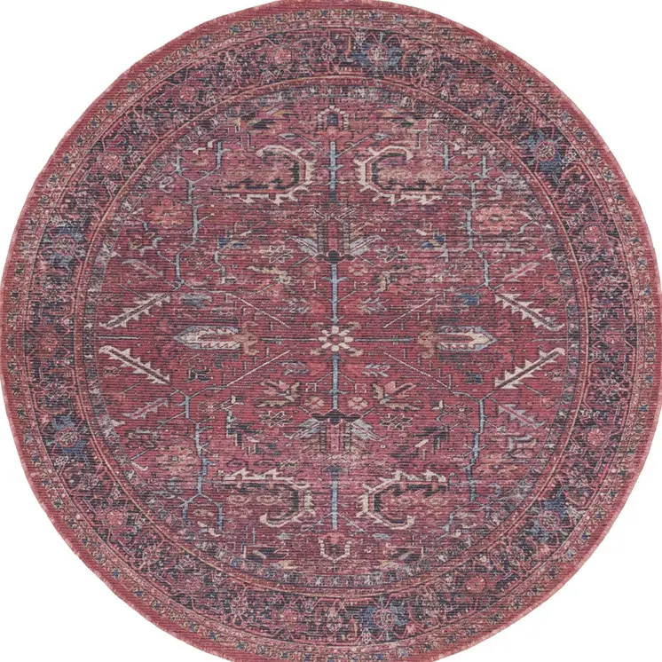 5' Red Round Floral Power Loom Distressed Area Rug