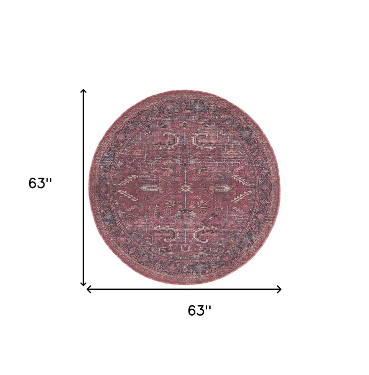 5' Red Round Floral Power Loom Distressed Area Rug