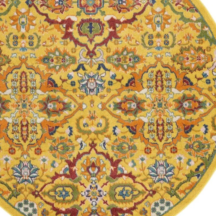 5' Yellow Round Floral Power Loom Area Rug