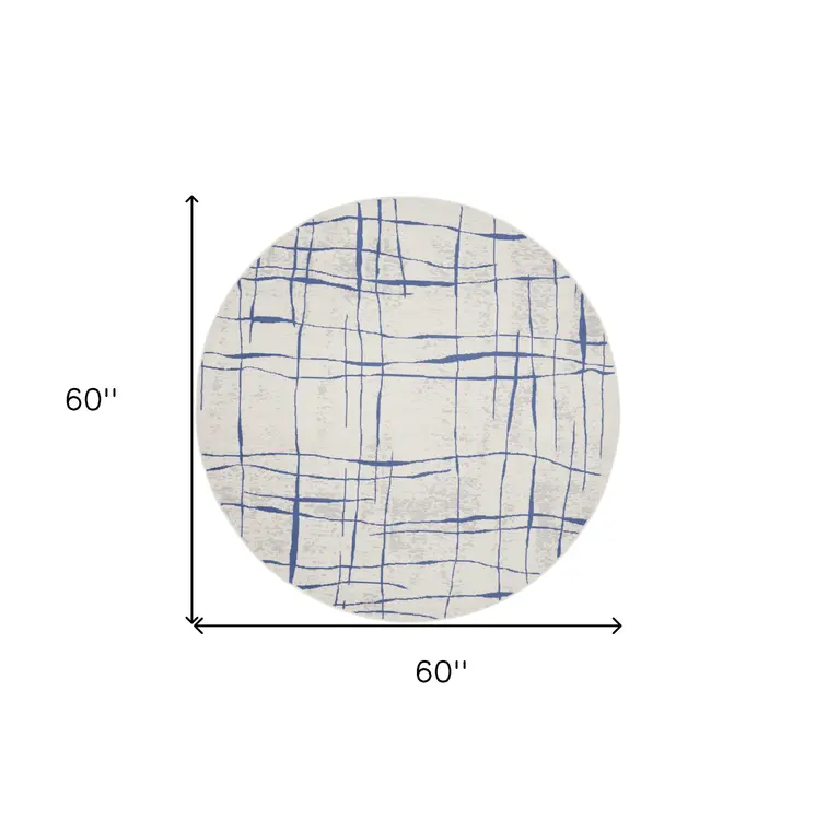 5' Ivory and Blue Abstract Geometric Distressed Round Rug