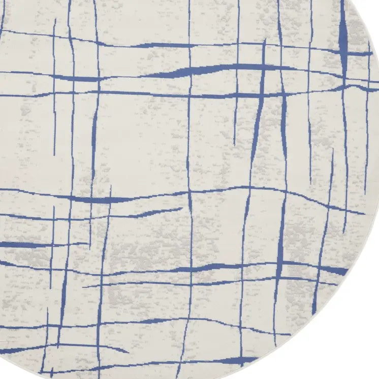 5' Ivory and Blue Abstract Geometric Distressed Round Rug
