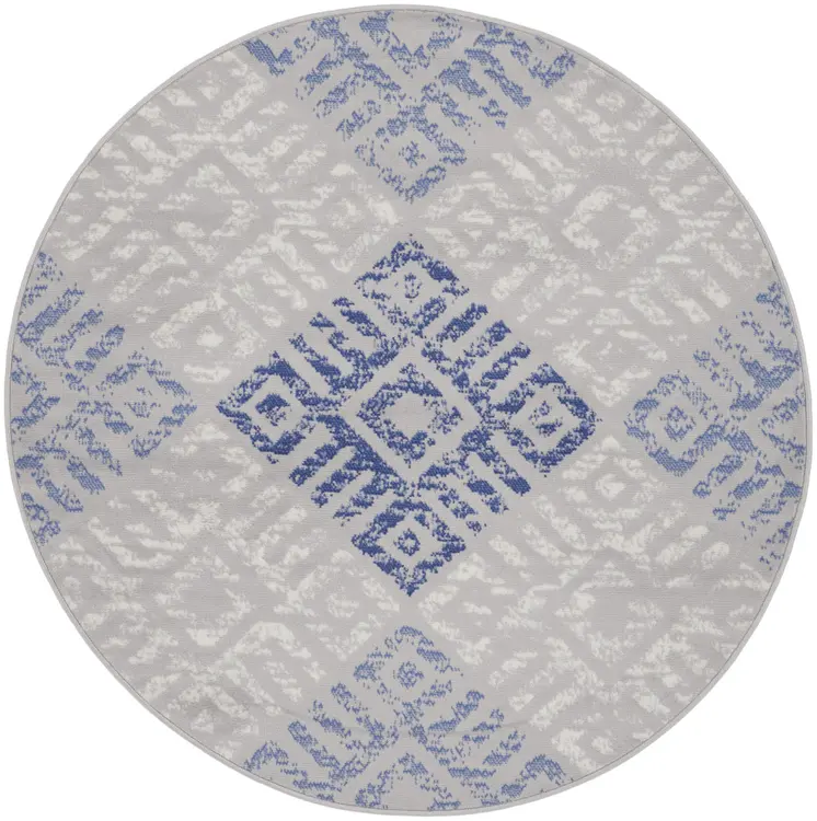 5' Beige Blue and Gray Geometric Round Rug