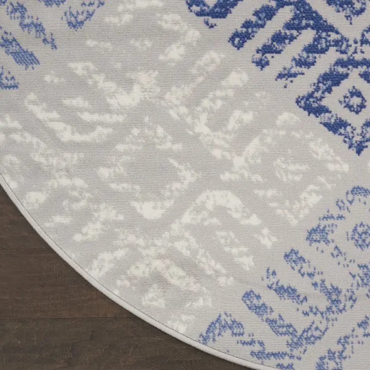 5' Beige Blue and Gray Geometric Round Rug