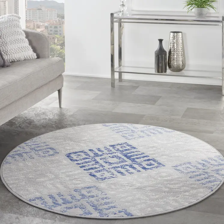5' Beige Blue and Gray Geometric Round Rug
