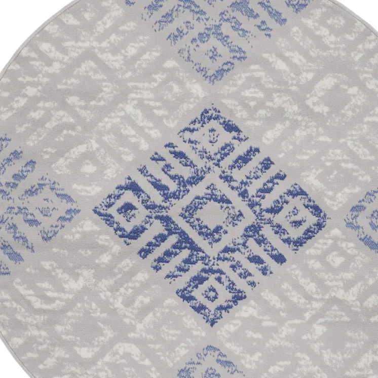 5' Beige Blue and Gray Geometric Round Rug