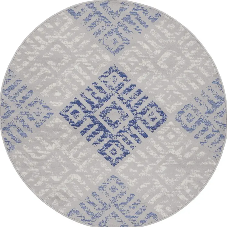 5' Beige Blue and Gray Geometric Round Rug
