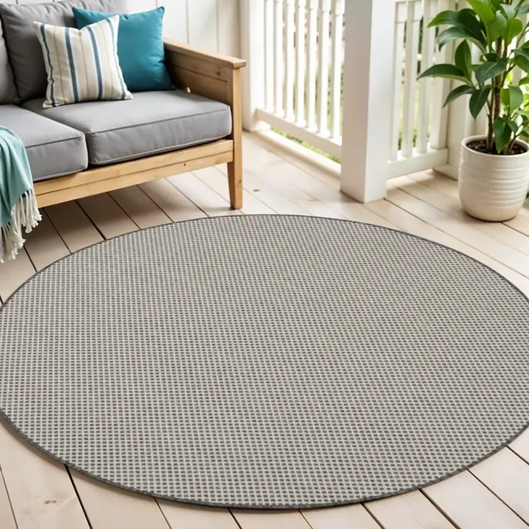 5' Ivory And Charcoal Round Geometric Indoor Outdoor Area Rug