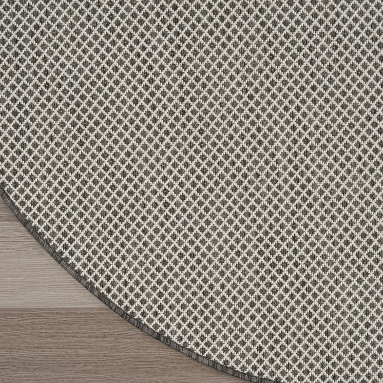 5' Ivory And Charcoal Round Geometric Indoor Outdoor Area Rug
