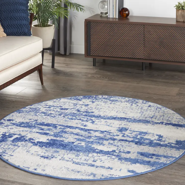 5' Ivory and Navy Blue Abstract Round Rug