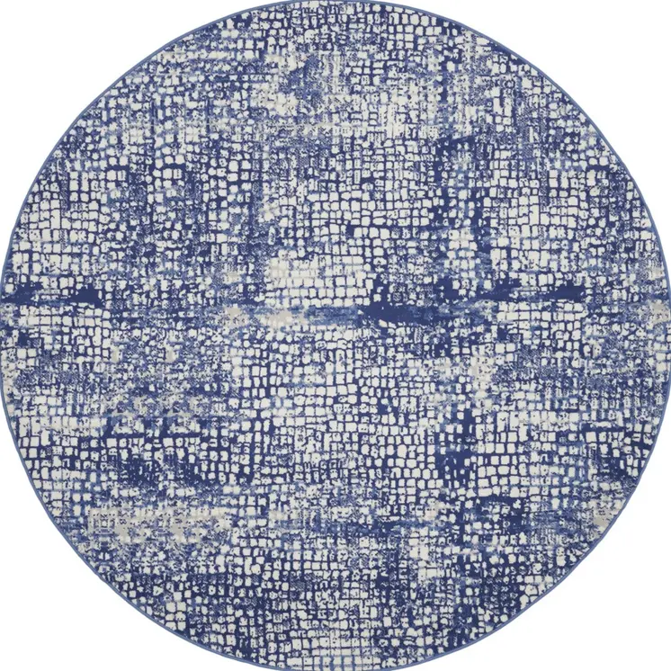 5' Ivory and Navy Blue Abstract Round Rug