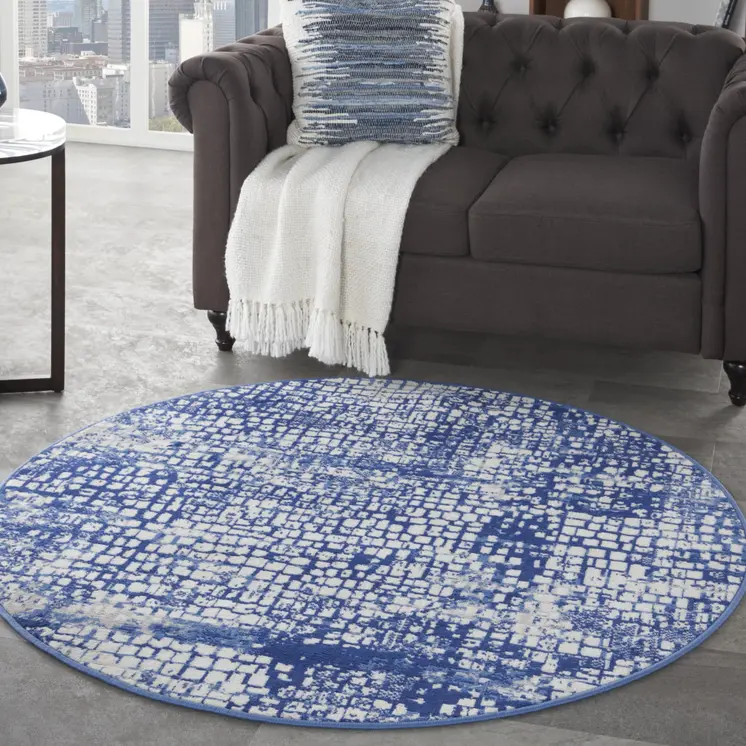 5' Ivory and Navy Blue Abstract Round Rug