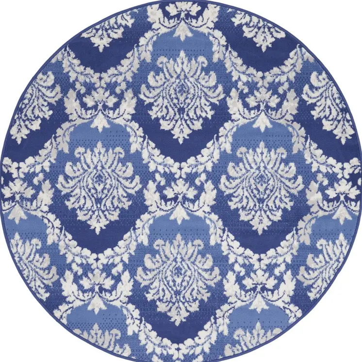 5' Ivory and Blue Damask Distressed Round Rug