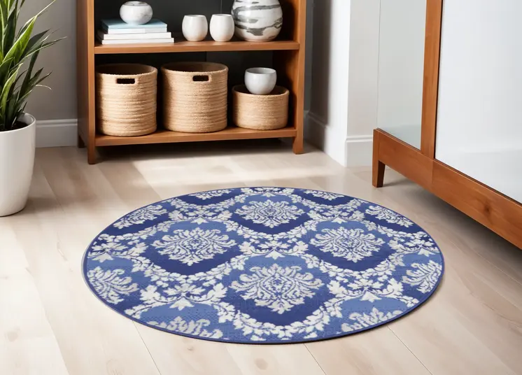 5' Ivory and Blue Damask Distressed Round Rug
