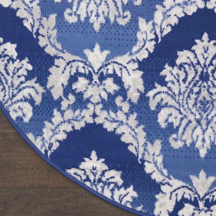 5' Ivory and Blue Damask Distressed Round Rug
