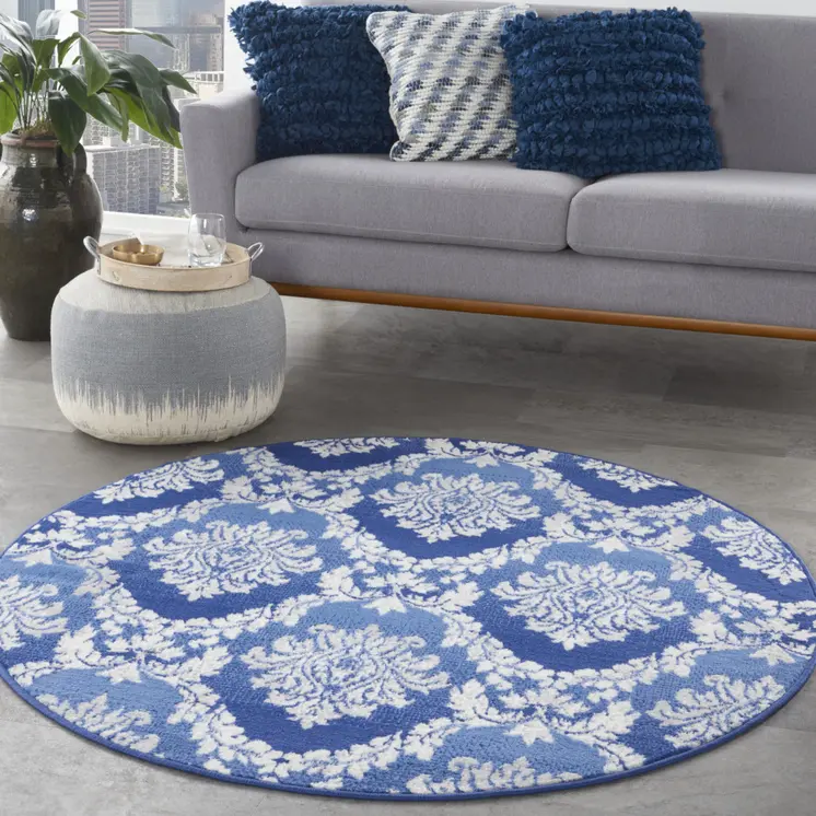 5' Ivory and Blue Damask Distressed Round Rug