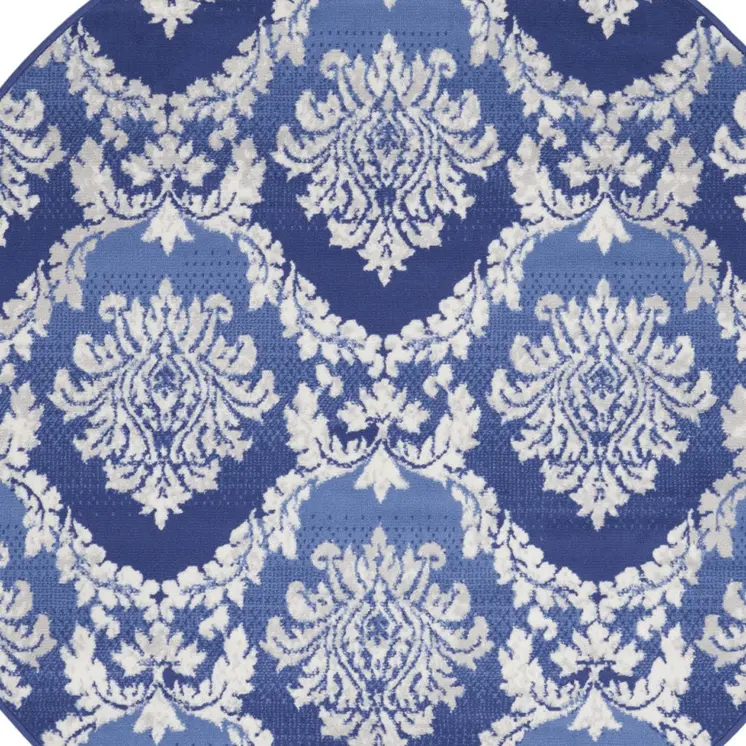 5' Ivory and Blue Damask Distressed Round Rug