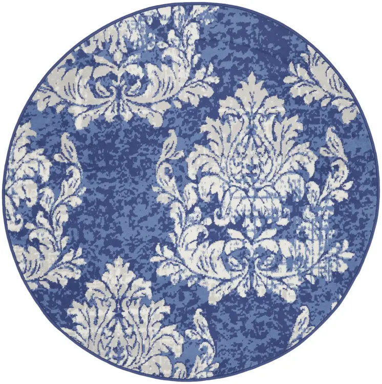 5' Navy Blue and Ivory Damask Distressed Round Rug