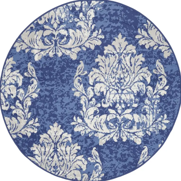 5' Navy Blue and Ivory Damask Distressed Round Rug